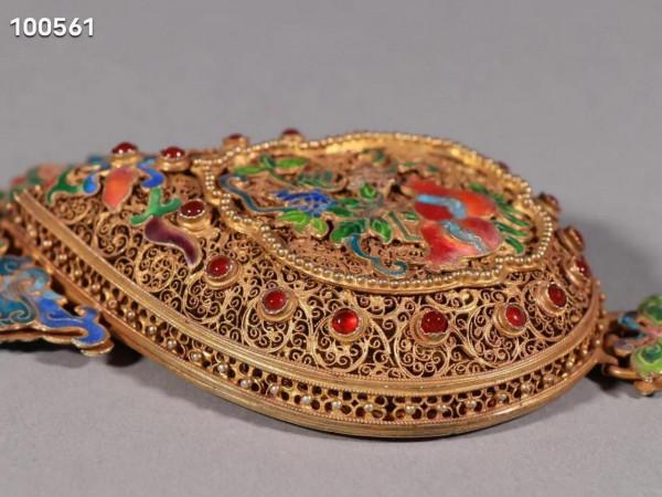 清代 銀鎏金花絲燒藍花紋香囊規格對摺長46cm 香囊寬14*7cm 重158.2g