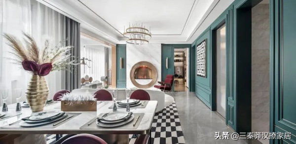 現代輕奢風，復古綠與復古紅的撞色，營造出奢華實用又摩登的美宅