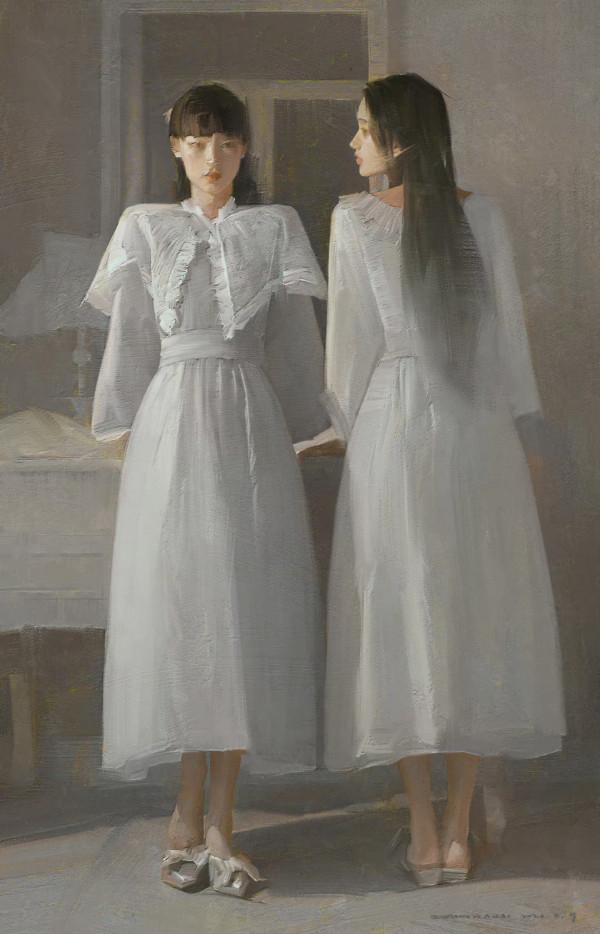 高階油畫質感的插畫作品，筆下的白衣少女太夢幻了