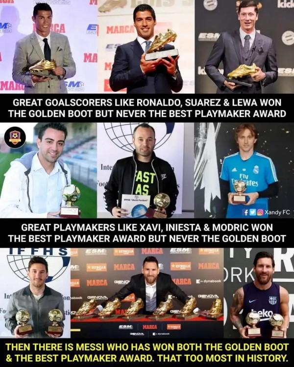 除了梅西，有哪位球員同時贏得金靴和最佳組織者獎項的嗎？