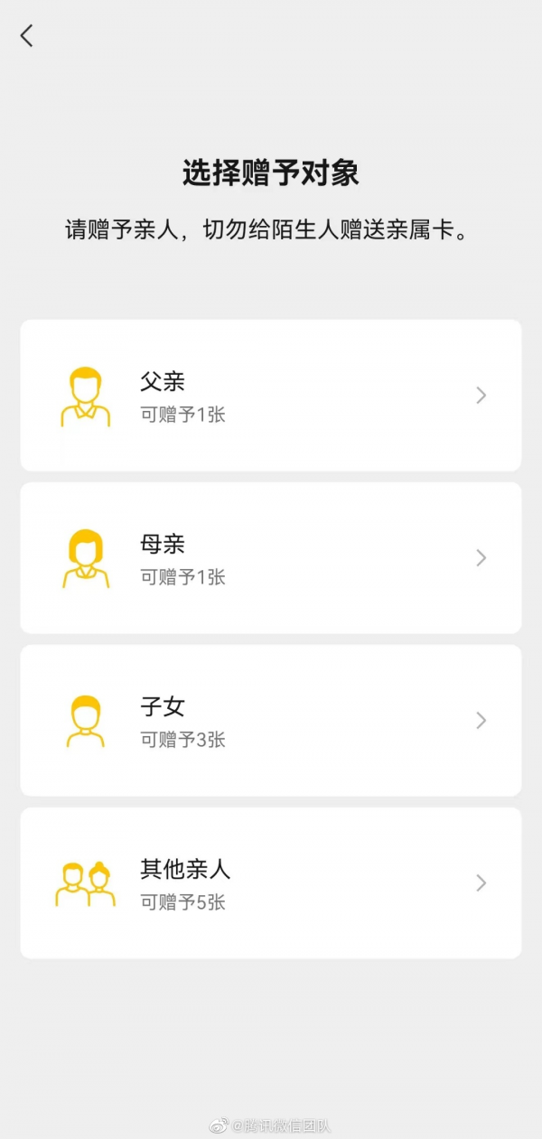 微信支付推出升級版親屬卡,除了父母、子女,還可以給這些人使用 微信支付推出升級版親屬卡,除了父母、子女,還可以給這些人使用
