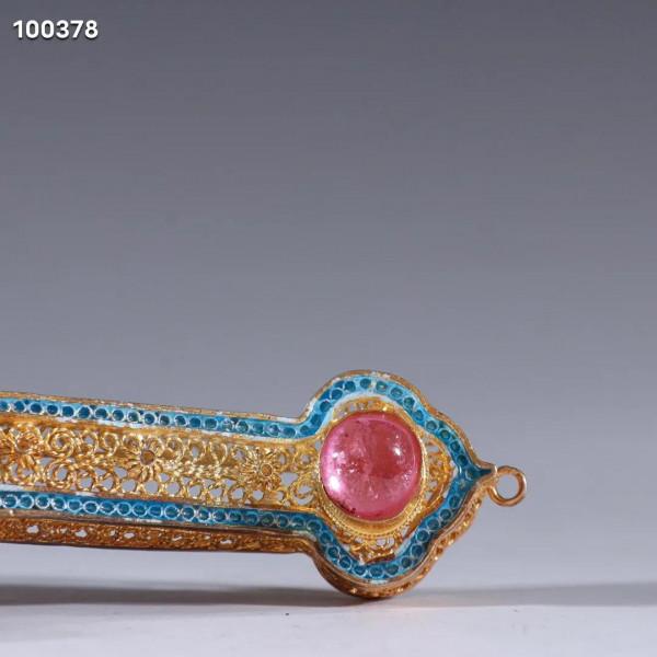 迴流 純銀花絲燒藍嵌碧璽如意擺件