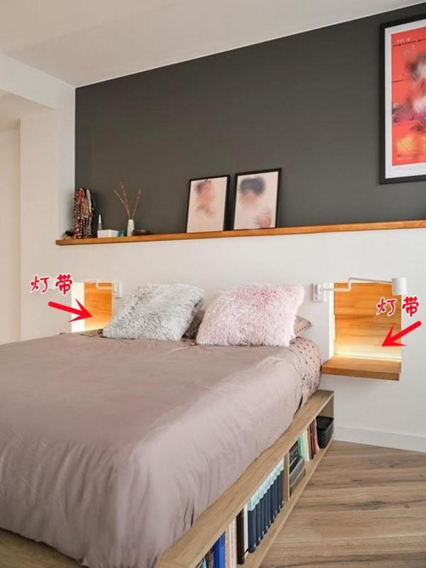 我在床頭砌堵矮牆，左右各掏一個儲物格，比成品床頭櫃還節省空間