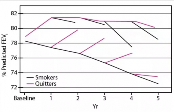 慢阻肺患者戒不戒菸,5年內肺功能變化差異有多大? 慢阻肺患者戒不戒菸,5年內肺功能變化差異有多大?