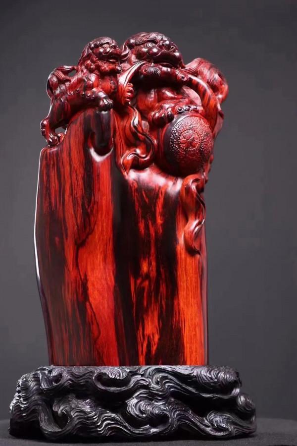 紫檀大木雕雙獅爭霸！好一個事事如意！好一個手工木雕