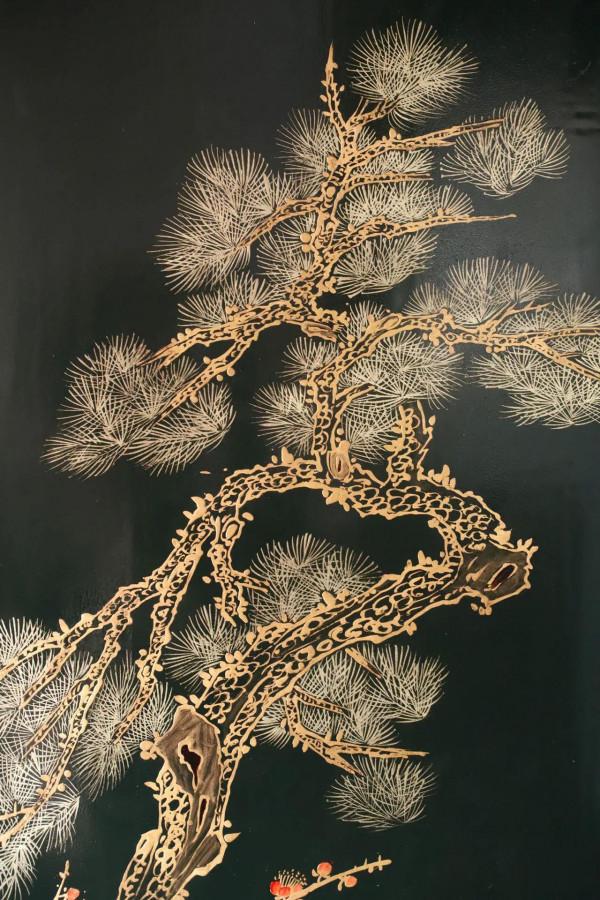 老楠木手工描金掛屏-「歲寒三友」