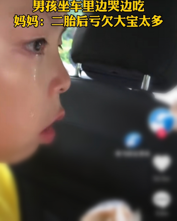 男孩兒坐在車裡邊哭邊吃觸動網友，媽媽：二胎出生後虧欠大寶太多