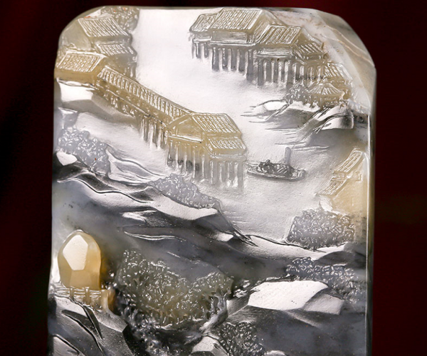 青花籽料玉牌，江南山水