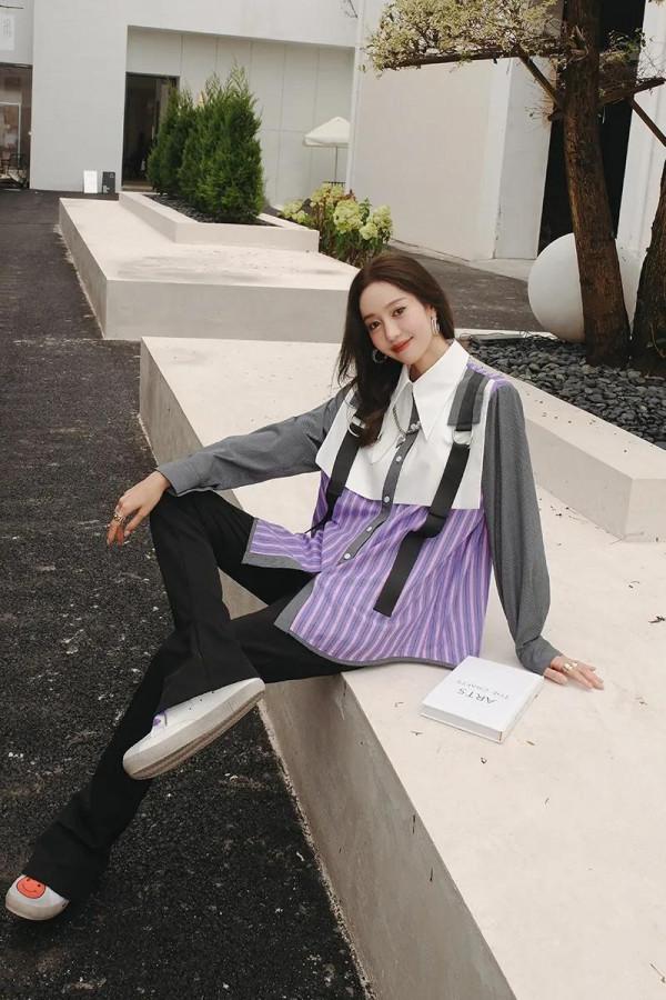 歐版時尚街頭工裝風襯衫假兩件揹帶