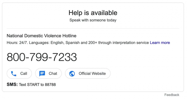 Google：在美國搜尋家庭暴力相關內容已置頂熱線電話