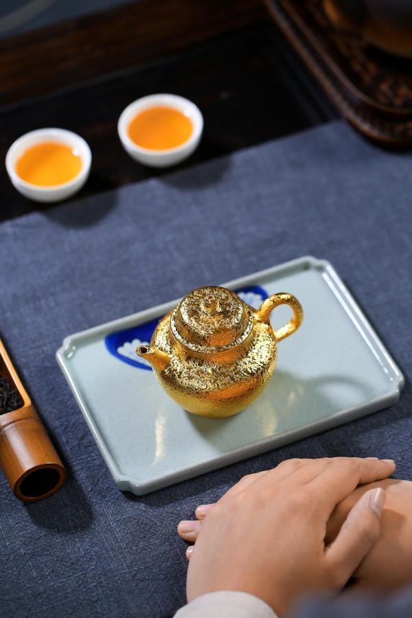 塗金茶壺手工小壺墊紫砂小玩藝刻字加泥繪