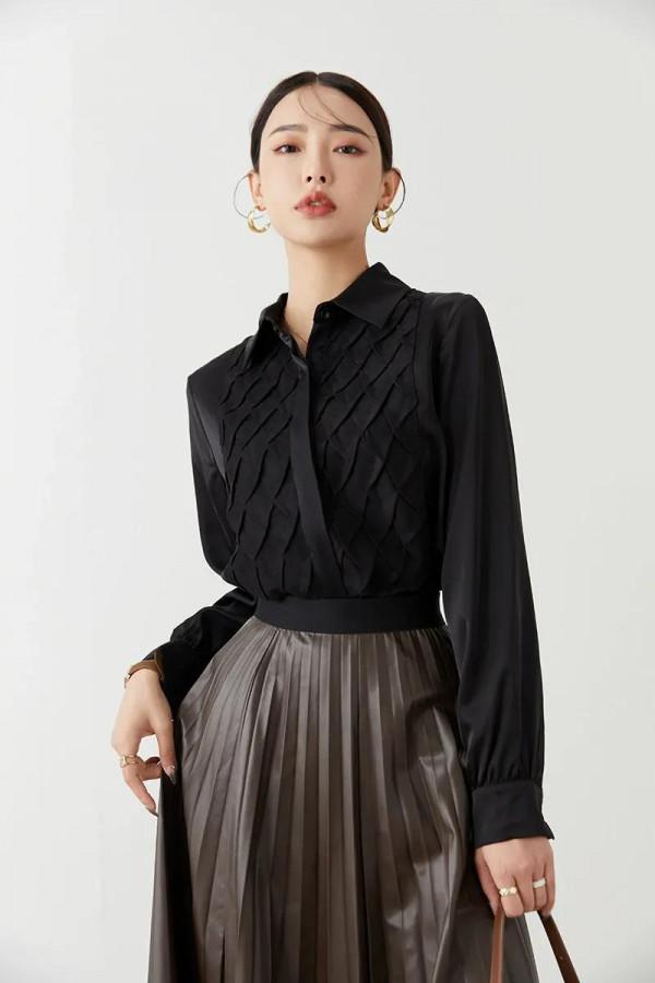 冬季開衫長袖襯衫氣質寬鬆韓版單排扣東大門襯衣設計感