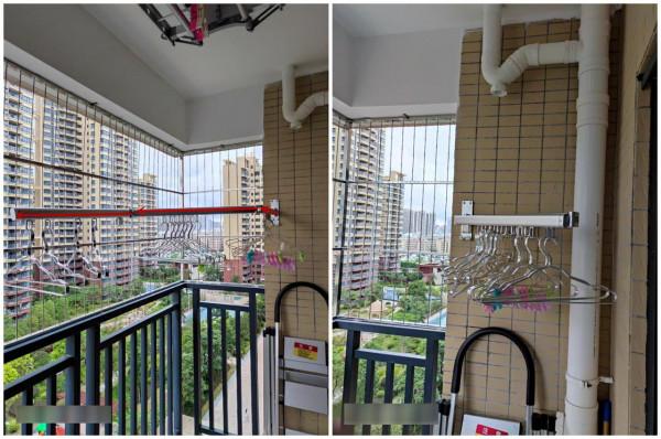 鄰居太貪心，只有一個陽臺，他裝摺疊晾衣架，一邊晾曬一邊改書房