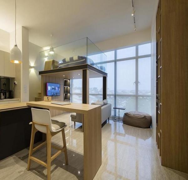 小戶型的裝修模板：木板電視牆向上延伸，再多做一層“有效”臥室