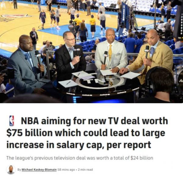 NBA球員工資帽將迎來大變樣，新轉播合同將去到750億美元
