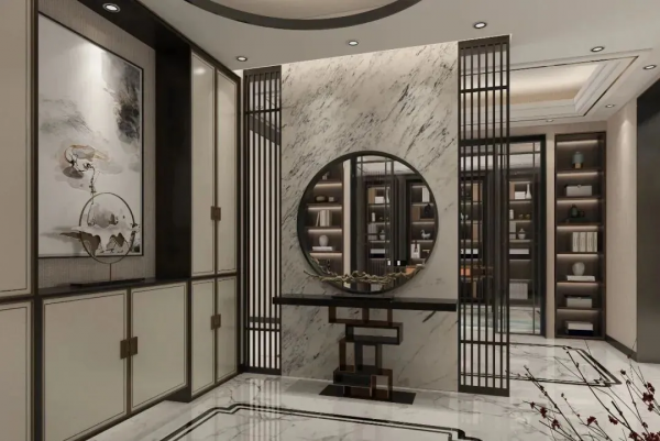 這個裝修想法很有創意，入戶用大理石隔斷做端景牆
