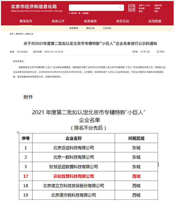 雲粒智慧獲選北京市專精特新&OpenCurlyDoubleQuote;小巨人&rdquo;企業稱號