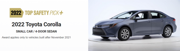 “五星好評”！豐田卡羅拉在IIHS碰撞測試中獲TSP+成績