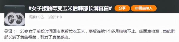 女子接觸黴變玉米後肺部長滿真菌!黃黴曲素的危害別小看 女子接觸黴變玉米後肺部長滿真菌!黃黴曲素的危害別小看