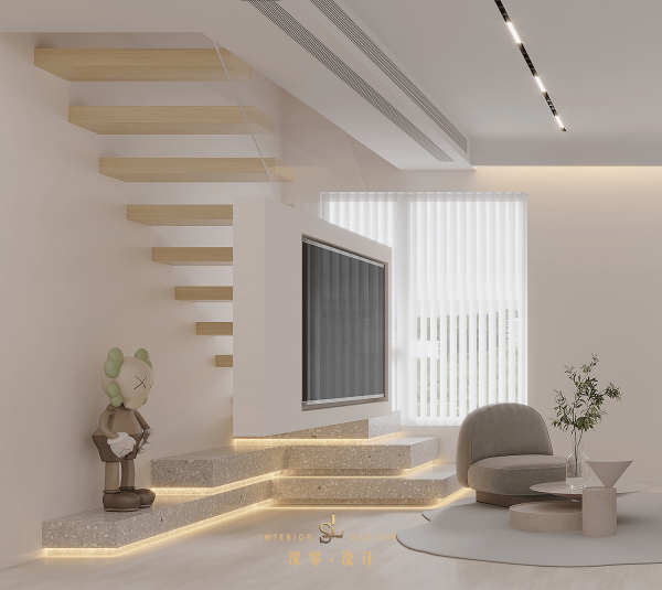 這是我見過最前衛的樓梯設計，電視牆懸浮裝在扶手上，科技感十足