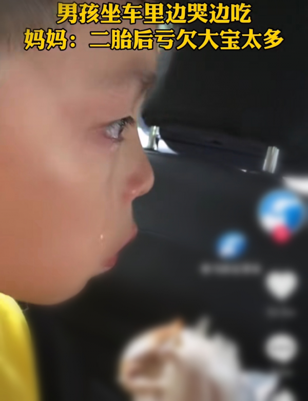男孩兒坐在車裡邊哭邊吃觸動網友，媽媽：二胎出生後虧欠大寶太多