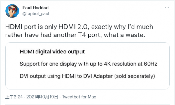 2021款MacBook Pro僅配備了HDMI 2.0埠 而不是HDMI 2.1