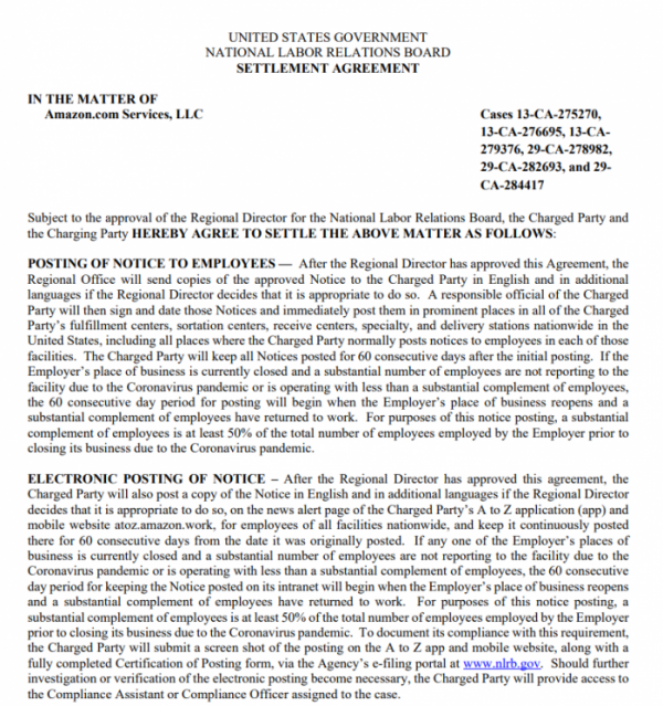 NLRB與亞馬遜達成和解 允許工人“組建、加入或協助工會”