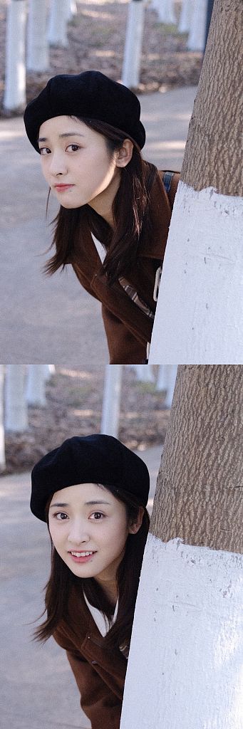 沈月咖色牛角扣大衣學院風滿滿 貝雷帽遮秀髮清純養眼