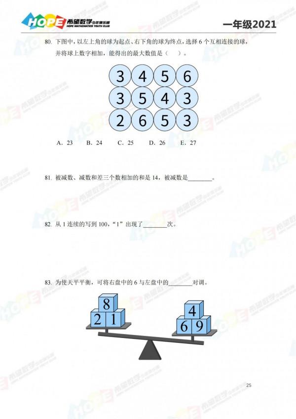 2021希望杯一年級培訓100題