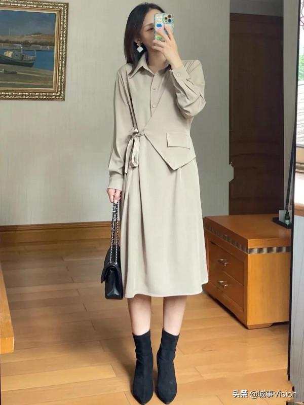 杏色連衣裙，秋天同款迷人懷舊