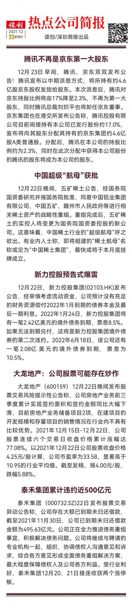 熱點公司簡報 | 派息式減持！騰訊“揮別”京東；新力控股預告式爆雷