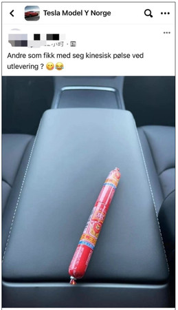 國外一車主全新特斯拉Model Y竟藏一根雙匯火腿腸