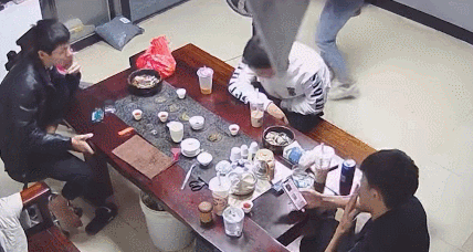 1只貓咪從天花板上掉下，砸到了桌子上，男子的反應過於真實了