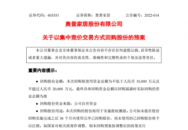 奧普家居擬斥資2億元回購股份用於股權激勵 動用資金接近公司流動資產的10&percnt;