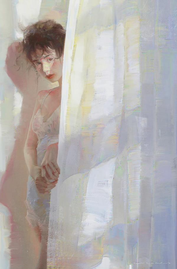 高階油畫質感的插畫作品，筆下的白衣少女太夢幻了