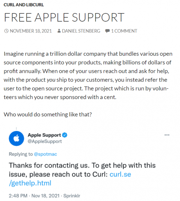 curl 作者吐槽蘋果把他當做免費工具人