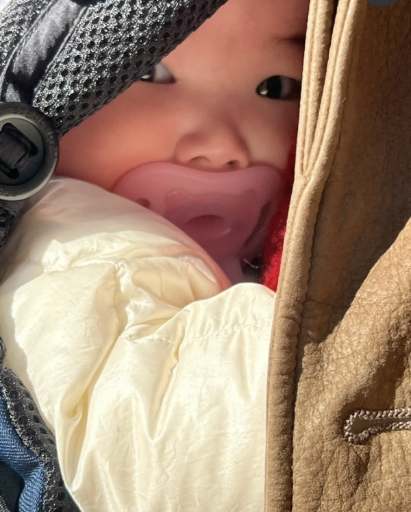 朱珠春節曬瑜伽照，假裝在海邊姿態婀娜，女兒在一旁練抬頭萌態足