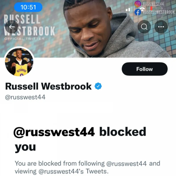湖人博主昨日賽後發推呼籲交易威少，隨後被威少拉黑