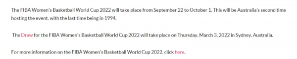 FIBA官方：女籃世界盃抽籤將於2022年3月3日在悉尼舉行