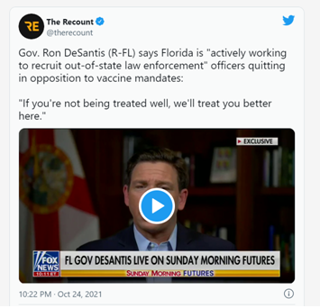 美國佛州州長公開叫板：歡迎拒打疫苗警察來佛州工作 願發5000美元搬家費