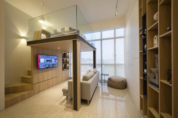 小戶型的裝修模板：木板電視牆向上延伸，再多做一層“有效”臥室