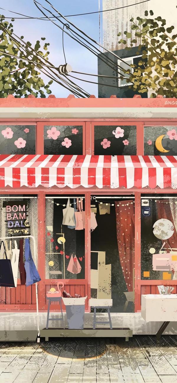 小清新動漫插畫桌布，治癒的街邊小店
