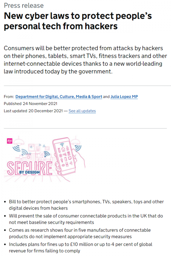 英國政府欲透過PSTI法案 以增強聯網裝置的安全性