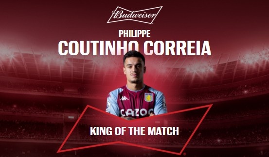 英超官方：庫蒂尼奧當選維拉2-2曼聯全場最佳