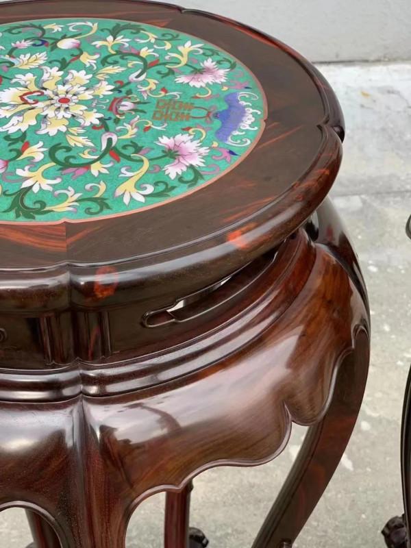 大紅酸枝 鑲景泰藍五足圓花架 尺寸：40&sol;40&sol;100