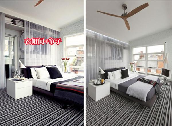 衣帽間也不用單獨一間房，把床往前挪半米，掛麵簾子藏在床頭後面