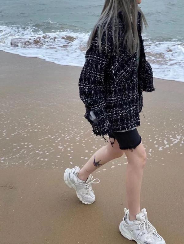 小香風黑色編織格紋襯衫外套男女同款