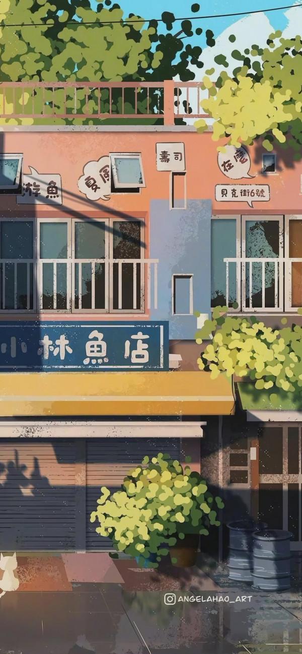 小清新動漫插畫桌布，治癒的街邊小店