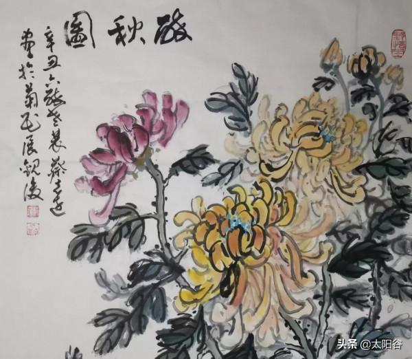 江西畫家蔡志遠昨天又畫兩幅菊花，一幅題詩，一幅題《秋菊畫》