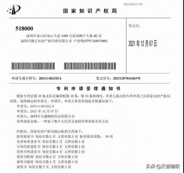 熱烈祝賀天盛物聯獲得國家發明專利授權通知書